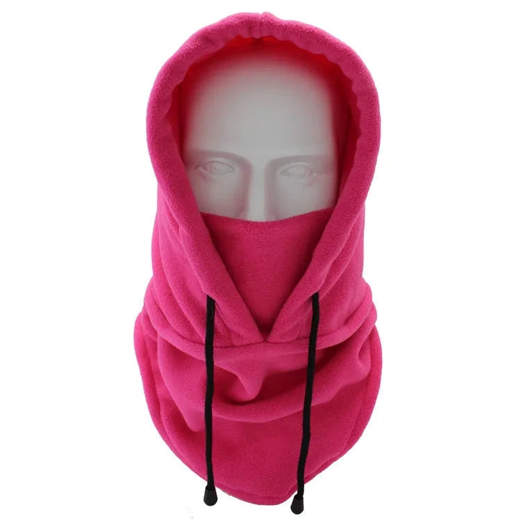 Thermal fleece balaclava hoodie with an adjustable drawstring.