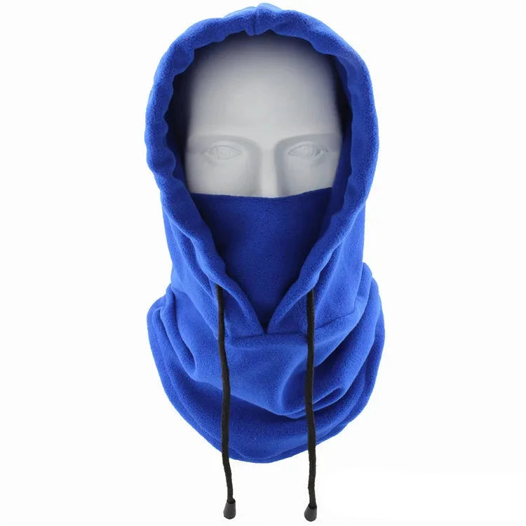 Thermal fleece balaclava hoodie with an adjustable drawstring.