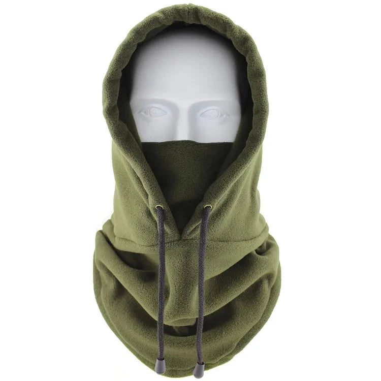 Thermal fleece balaclava hoodie with an adjustable drawstring.