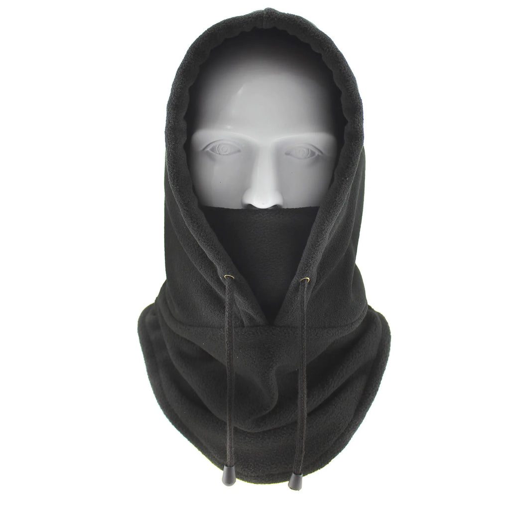 Thermal fleece balaclava hoodie with an adjustable drawstring.