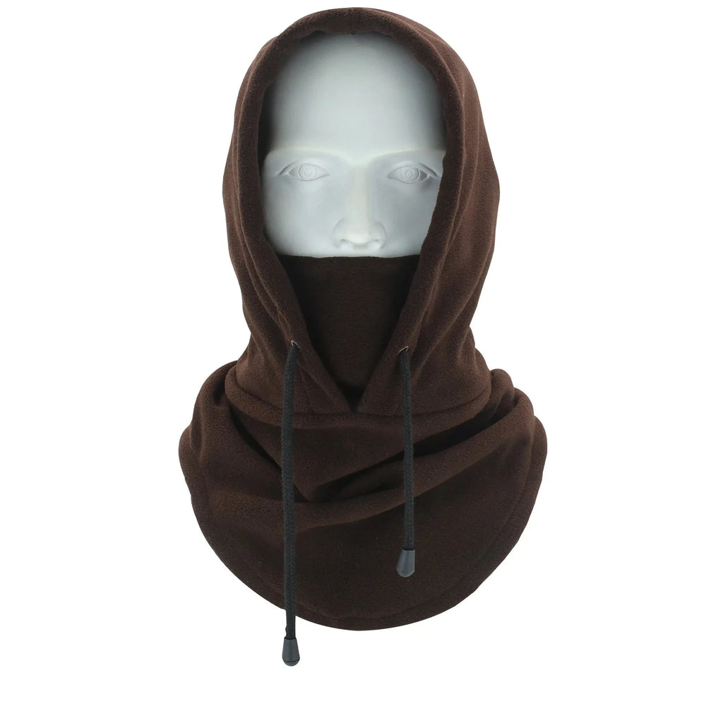 Thermal fleece balaclava hoodie with an adjustable drawstring.