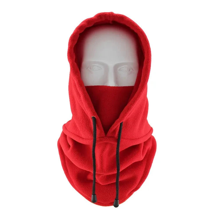 Thermal fleece balaclava hoodie with an adjustable drawstring.