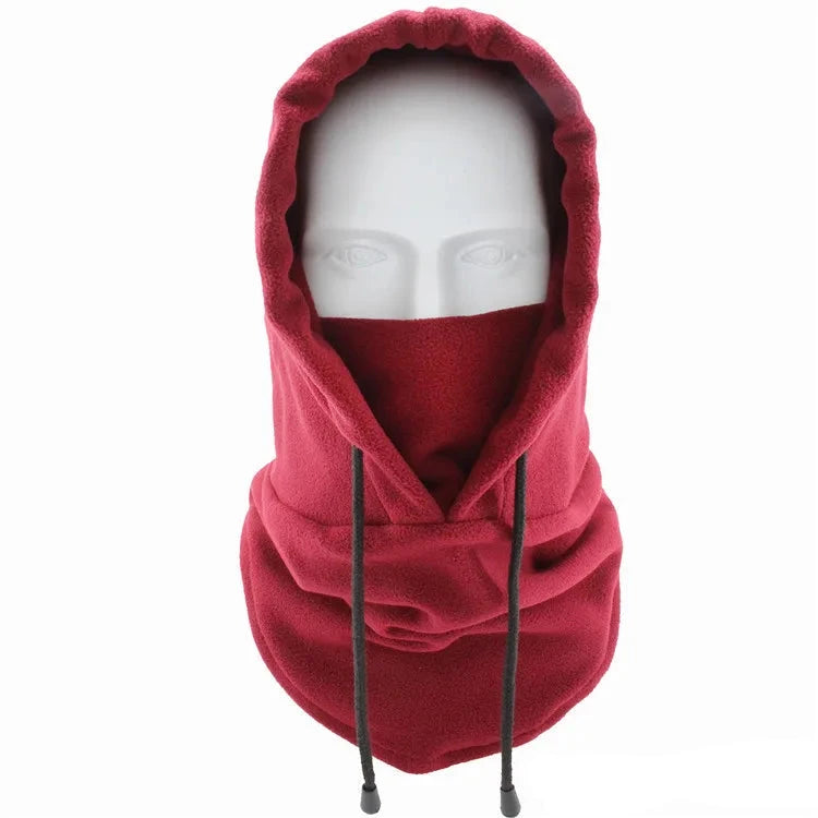 Thermal fleece balaclava hoodie with an adjustable drawstring.