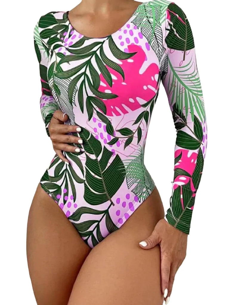 One-piece swim suit with long sleeves and  an open lower back. 