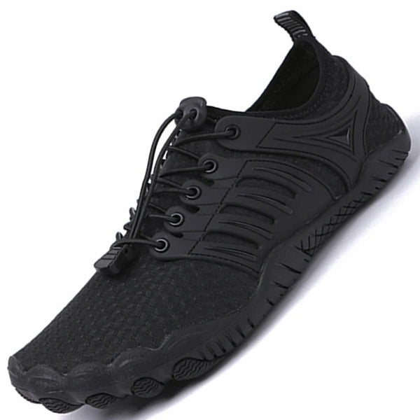 Black water shoe with elastic lace-up toggle tensioning closure and slip resistant rubber sole. Pictured on a white background.