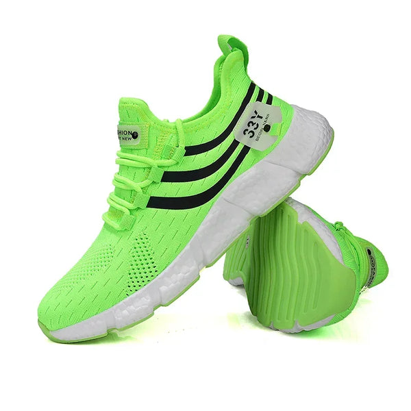 Fluro Green, summer fabric, lace-up trainers with thick white sole.