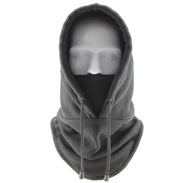 Thermal fleece balaclava hoodie with an adjustable drawstring.