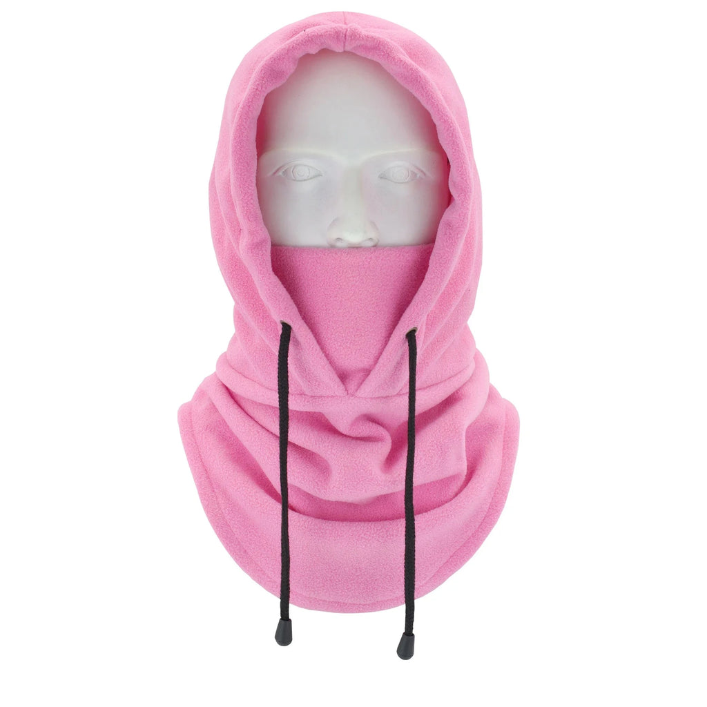 Thermal fleece balaclava hoodie with an adjustable drawstring.