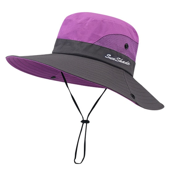 Wide Brim Pony Tail Sun Hat with Vented Side Panels and D-Clip Strap Adjustment