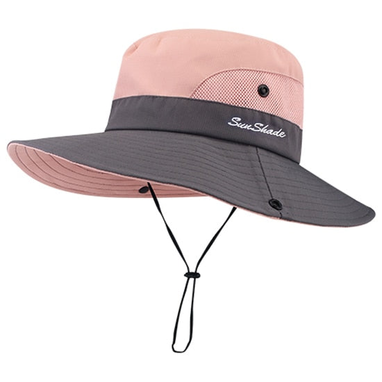 Wide Brim Pony Tail Sun Hat with Vented Side Panels and D-Clip Strap Adjustment