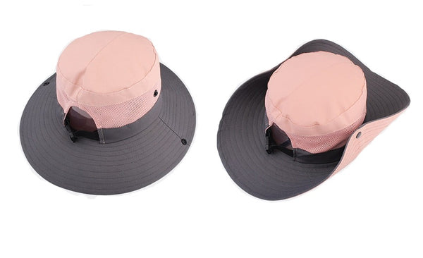 Wide Brim Pony Tail Sun Hat with Vented Side Panels and D-Clip Strap Adjustment