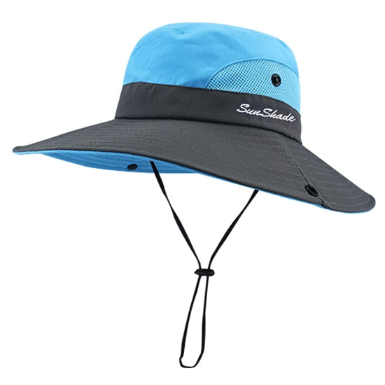 Wide Brim Pony Tail Sun Hat with Vented Side Panels and D-Clip Strap Adjustment